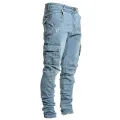 Street Elastic Jeans Men Denim Cargo Pants Wash Solid Color Multi Pockets Casual Mid Waist Trousers Slim Fit Daily Wear Joggers. 