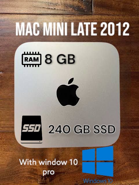 Mac mini late 2012 2.5 GHz dual-core Intel Core i5 processor  3rd gen(with Turbo Boost up to 3.1 GHz), 8GB of 1600MHz DDR3 memory, 240 gb ssd Hard Intel HD Graphics 4000.