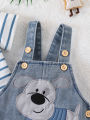 Baby Boy Striped T-Shirt + Cartoon Bear Denim Overalls Set, Cute Summer Casual Outfit for Going Out. 