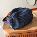 Classic striped large capacity portable cosmetic bag cotton linen fabric dark zipper skin care travel portable storage bag.