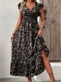 Plus Size 1XL-5XL Women's Fashion Summer Floral Print V-Neck Ruffle Hem Dress Ladies Short Sleeve Elegant Flare Dress Long Dress. 