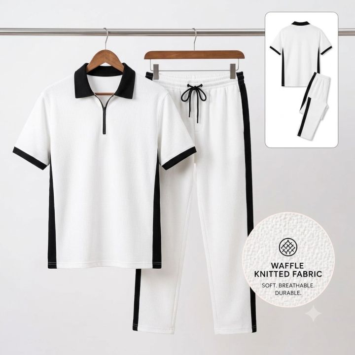 Premium Quality Waffle Knit Men’s Track Suitt – Half Zip T-Shirt & Trouser Set - Polo Shirts For Men With Trouser - Waffle Knit Trousers For Men - Mens Tracksuit - Tracksuits For Men - Waffle Knit Zipper Polo Shirt For Men
