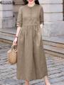ZANZEA Elegant Commute Midi Dress Half Sleeve Solid Color Autumn Pleated A-line Vestidos O Neck Casual Fashion Women Robe Femme. 