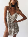 Deep V Neck Autumn Silver Sequined Backless Dress Women Off Shoulder Mini Dress Christmas Party Club Strap Dresses Vestidos.