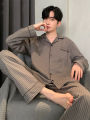 Pajamas Spring and Autumn Men's Long-Sleeved Trousers Cardigan Loose Lapel Large Size Home Clothes Spring Suit. 