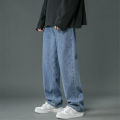 Korean Men's Casual Hip Hop Long Baggy Jeans Classic Man Straight Wide Leg Denim Pants Light Blue Grey Black Streetwear Trousers. 