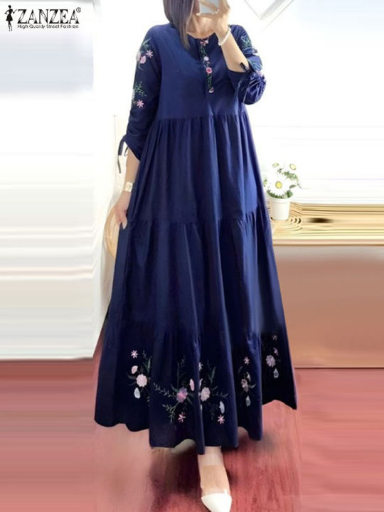 ZANZEA%20Elegant%20Floral%20Printed%20Muslim%20Dress%20Female%20Fashion%20Abaya%20Kaftan%20Sundress%20Woman%20Casual%20Ruffles%20Hem%20Maxi%20Robe%20Oversized%20-%20Image%203