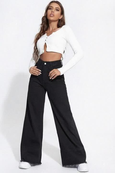 Women Black Wide Leg High Waist Denim Jeans | High Waisted Pants For Ladies | Factory Outlet