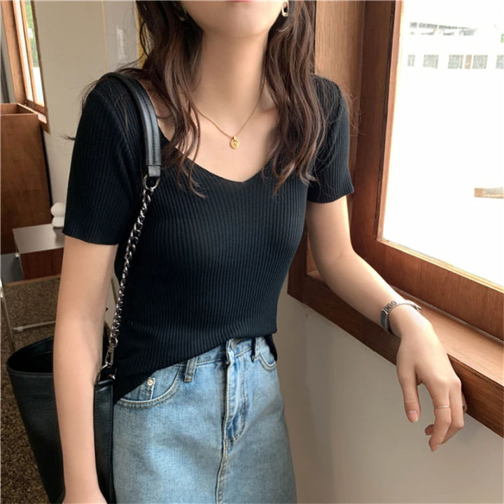 Basic%20V-neck%20Solid%20Thin%20Summer%20Pullover%20Women%20Female%20Knitted%20Ribbed%20Sweater%20Slim%20Short%20Sleeve%20Bodycon%20Sweater%20-%20Image%203