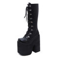 Gdgydh Women's Y2K Side Zipper Platform Boots Knee High Motorcycle Boots Black Closed Toe Lace Up Long Boots. 