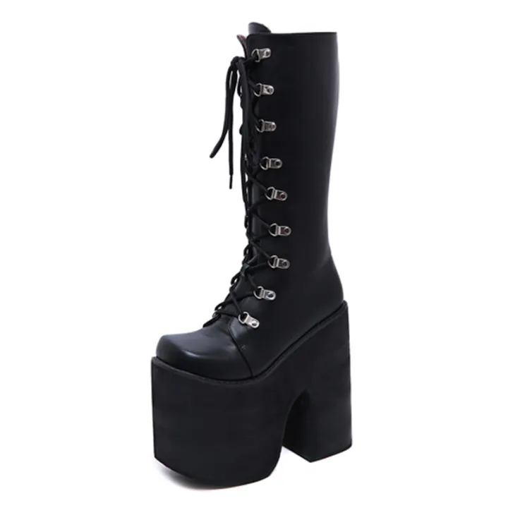 Gdgydh%20Women's%20Y2K%20Side%20Zipper%20Platform%20Boots%20Knee%20High%20Motorcycle%20Boots%20Black%20Closed%20Toe%20Lace%20Up%20Long%20Boots%20-%20Image%207