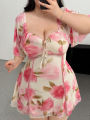 Plus Size Romantic Floral Pink Yellow Ruffle Sleeve Dress Short Sleeve V Neck Waistband Fitted Tiered. 