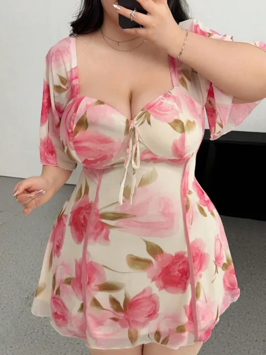 Plus%20Size%20Romantic%20Floral%20Pink%20Yellow%20Ruffle%20Sleeve%20Dress%20Short%20Sleeve%20V%20Neck%20Waistband%20Fitted%20Tiered%20-%20Image%203