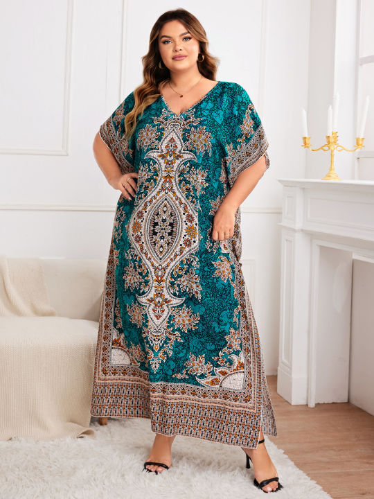 Spring/Summer%20New%20Plus%20Size%20Women's%20Ethnic%20Print%20Vacation%20Style%20Wrap%20Long%20Robe%20Elegant%20Commute%20Loose%20Dress%20-%20Image%206