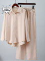 Summer Outfits for Women 2023 Fashion Loose Elastic Wrinkle Long Sleeve Shirt Wide Leg Pants Casual Set for Women 2 Piece Set. 