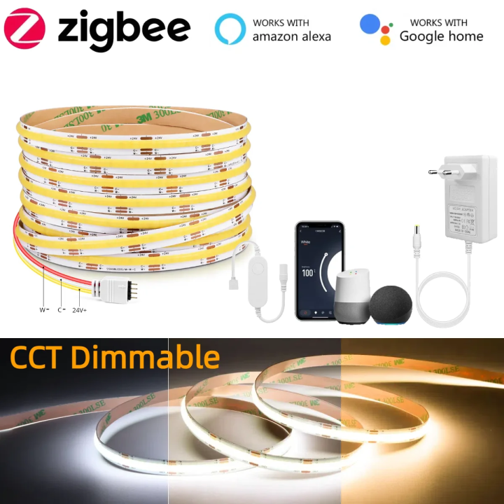 Zigbee 3.0 Smart WiFi CCT COB Strip Light 2700K-6500K Dimmable 608LED/M Work With Zigbee Hub Gateway Alexa  Home APP Voice lightify