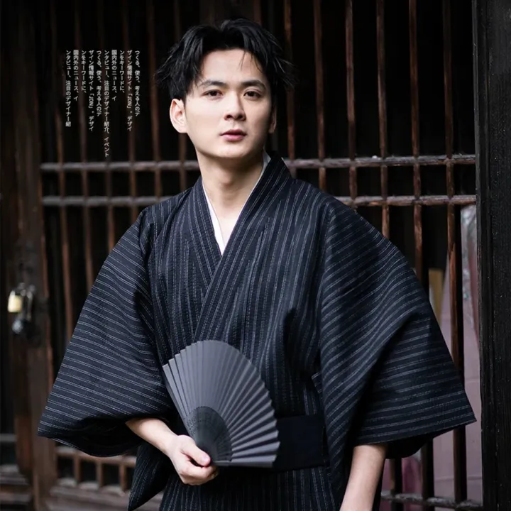 Black%20Summer%20Navy%20Japanese%20Traditional%20Samurai%20Kimono%20For%20Men%20Yukata%20Bathing%20Robe%20Hekoobi%20Loose%20Style%20Homewear%20Long%20Gown%20Cotton%20-%20Image%203