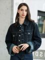 HH Women Vintage Denim Jacket Single Breasted Lapel Long Sleeve Coat With Pockets Dark Blue Denim Jacket Fashion High Street Top.