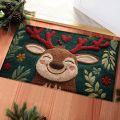 1pc Fluffy Christmas Deer Microfiber Bath Mat - Quick-Dry & Absorbent, Festive Holiday Design with Red Berries & Green Leaves.