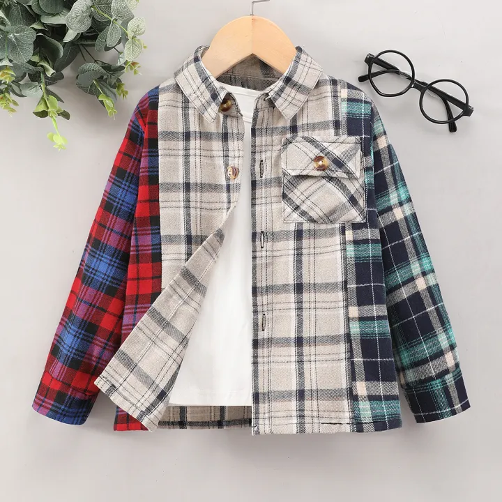 Boys Spring and Autumn New Long Sleeved Polo Collar Panel Contrast Plaid Shirt Fashion Casual Top 4 5 6 7 Years