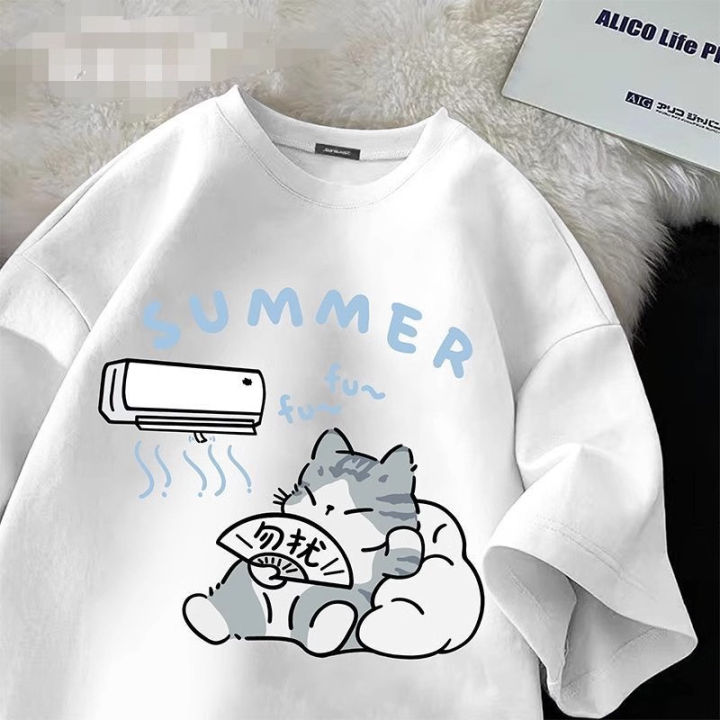 Summer%20Japanese%20Cartoon%20Cute%20Cat%20Funny%20Printed%20Short-sleeved%20T-shirt%20for%20Ladies%20and%20Boys%20Same%20Loose%20Casual%20Large-size%20Top%20-%20Image%206