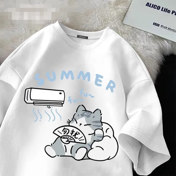 Summer%20Japanese%20Cartoon%20Cute%20Cat%20Funny%20Printed%20Short-sleeved%20T-shirt%20for%20Ladies%20and%20Boys%20Same%20Loose%20Casual%20Large-size%20Top%20-%20Image%206