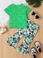Girls' 2Pcs Green Clover Outfit: Graphic Tee + Flared Pants St. Patrick's Set. 