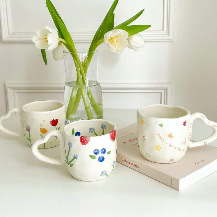 Cute Ceramic Coffee Mugs Love Handle Cups Hand Pinched Irregular Off-white Color Milk Tea Cup Refreshing Mug Oatmeal Breakfast