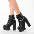 Gdgydh Women's Chain Decor Block Heeled Boots Fashion Lace Up Side Zipper Platform Boots Stylish Ankle Boots High Heels. 