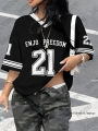 2026 Summer New Retro Enjoy Freedom No.21 Print T-Shirt For Women V-Neck Short Sleeve Sports Football Jersey Y2K Oversized Tops.