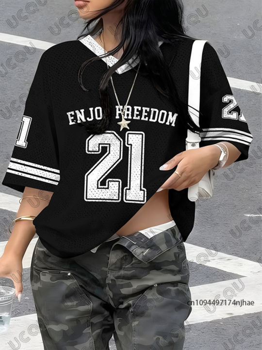 2026%20Summer%20New%20Retro%20Enjoy%20Freedom%20No.21%20Print%20T-Shirt%20For%20Women%20V-Neck%20Short%20Sleeve%20Sports%20Football%20Jersey%20Y2K%20Oversized%20Tops%20-%20Image%203