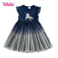 VIKITA Girls Flare Sleeve Summer Dress Kids Unicorn Print Birthday Party Mesh Tulle Princess Elegant Dresses Girl Gradient Dress. 