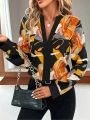 Plus Size 1XL-5XL New Women Spring/Summer Fashion Contrast Printed V-neck Long Sleeved Shirt Ladies Casual Commuter Shirt.