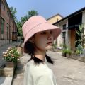 Bucket hat women peaked sun hat smile face Korean version anti-UV big brim bucket hat black caramel khaki yellow. 