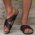 Men's minimalist set with flat heel cross slippers and wooden slippers.