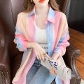Turn-down Neck Long Sleeved Shirt And Blouses Gradient Rainbow Color See-through Thin Women Clothing Loose Top Shirt Casual New. 