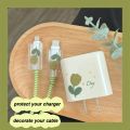 USB Cable Protection For iPhone 15 14 18W 20W Original Charger Protector Cover Green Flowers Protective Data Line Spiral Winder.