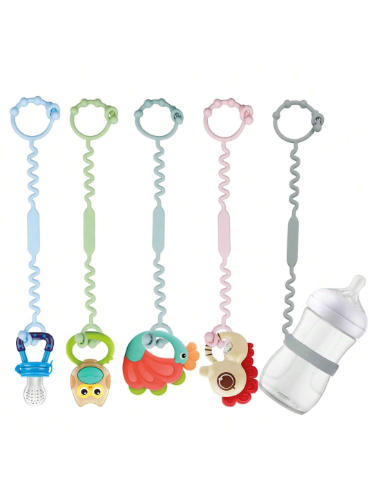 5PK Silicone Toy Straps. Safety leashes for bottles & teethers for 0-18M. Perfect for strollers, highchairs & car seats.