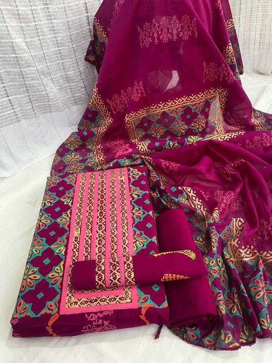 Unstitched cotton material block printed coloful comfortable three piece collection for women