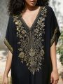 Gold Embroidery Long Kaftan Dresses V Neck Caftan Dress Beach Cover Ups for Women Embroidery. 