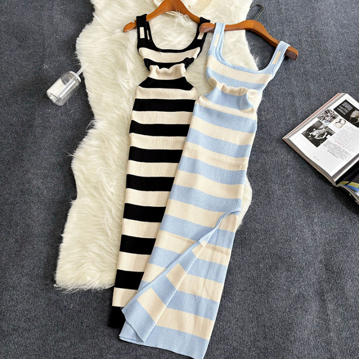 2024 Stripe Summer Elastic Split Bodycon Dress  Beach Vacation Sundress Women Casual Slim Pencil Vestidos Maxi Long Dress