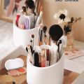 360° Rotating Makeup Brush Holder | Transparent Brush Organizer Box with Lid | Dust-Proof Vanity Desktop Bathroom Counter Cosmetic Accessory - White (1-Piece). 