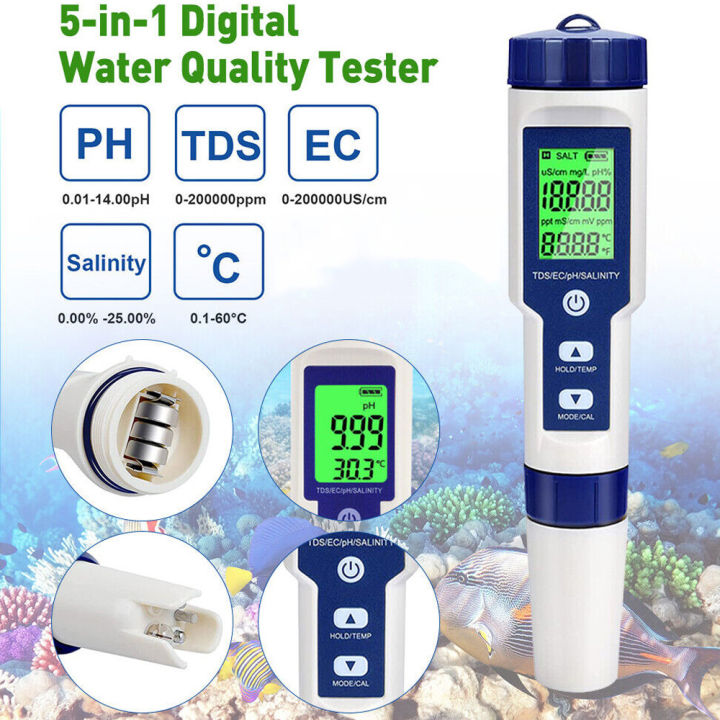 5-in-1 Digital Water Quality Testing Meter | pH, TDS, EC, Salinity & Temperature Tester (with free battery)