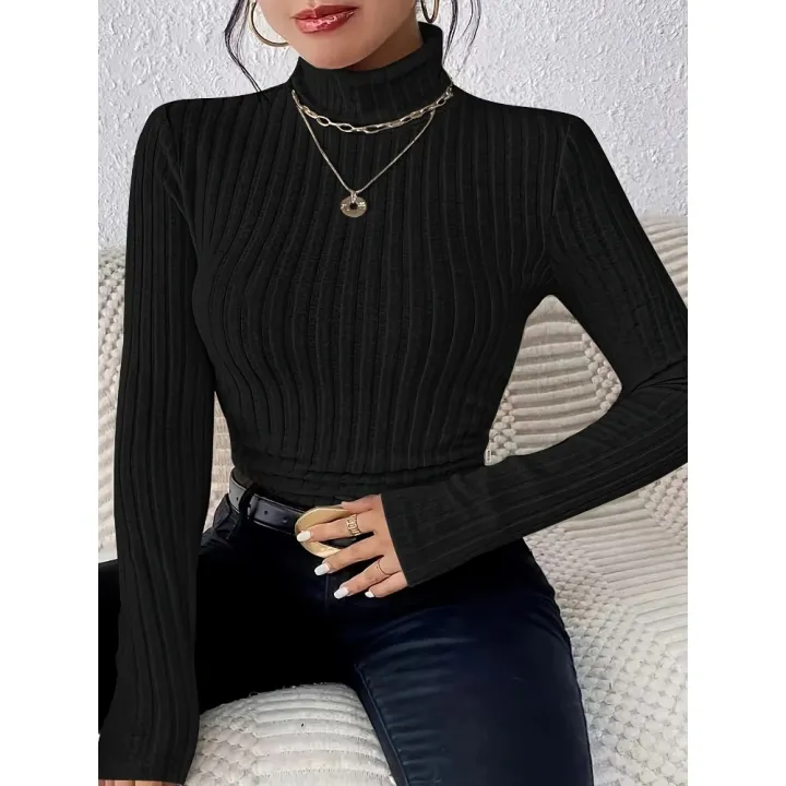 Plus%20Size%201XL-5XL%20Women's%20Slim%20Fit%20Ribbed%20Knit%20Turtleneck%20Knitted%20Sweater%20Long%20Sleeve%20Light%20Gray%20Elegant%20Versatile%20Pullover%20Top%20-%20Image%203