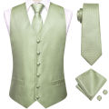 Sage Green Solid Floral Mens Suit Vests 4PC Woven Blue Waistcoat Tie Pocket Square Cufflinks Business Wedding Dress Waist Jacket. 