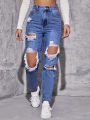 American Retro Hole-punched Jeans Women High Waist Straight-crotch Loose Slim Design High-street Vibe Wide-legged Dragging Pants. 