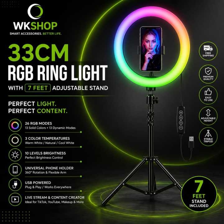WKSHOP 33CM RGB Ring Light with 7FT Adjustable Tripod Stand USB LED Selfie Ring Lamp for TikTok YouTube Live Streaming Makeup Photography Video Recording Mobile Holder Dimmable Studio Light 26 RGB Modes 3 Color Temperatures for Creators Vloggers Gaming
