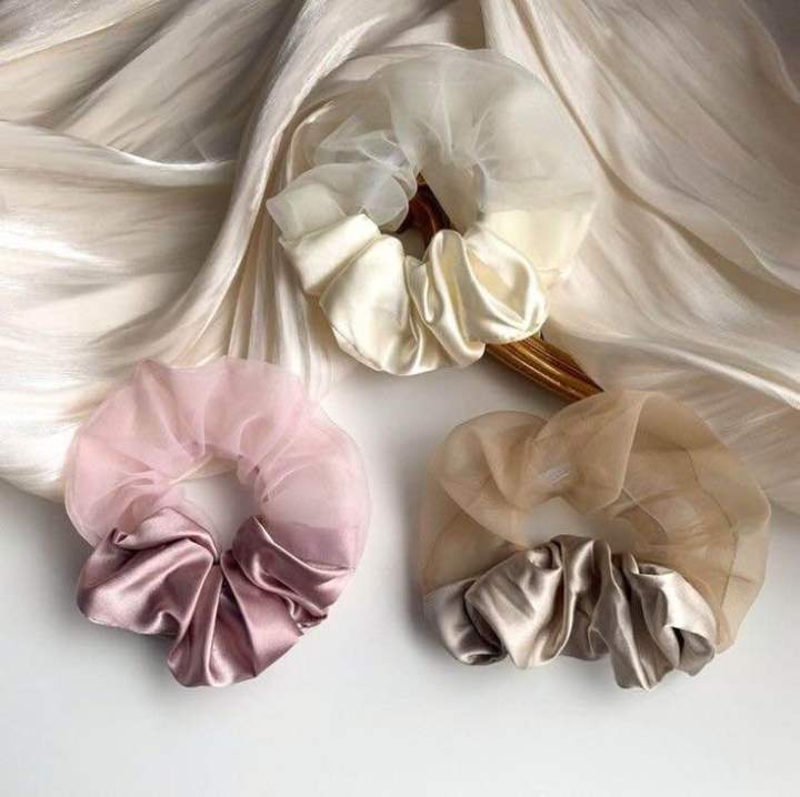 Net and satin silk scrunchies for girls pack of 3