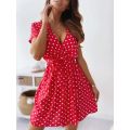 Summer Women's Polka Dot Printed Short Sleeved Casual Dress Fashionable V-neck Belt Commuting Dress Holiday Party Women's Dress. 