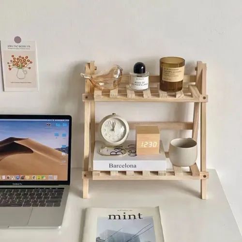 Wooden Double Layer Rack Desk Storage Organizer, Foldable 2-Tier Ladder Shelves, Durable Shelf Flower Pot Seasoning Racks, Sundries Shelf, Home Decor Ladder
